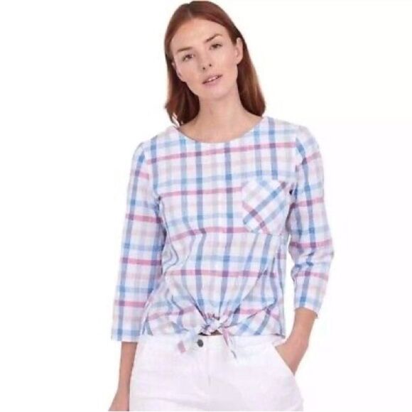 Barbour Harbourside Blue Pink White Checked Cotton Tie Waist Blouse Sz 14 Preppy - Picture 1 of 7